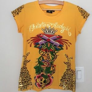 Christian Audigier shirt yellow animal print sz M